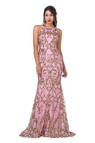 FORM FITTING HALTER GOWN WITH GOLD APPLIQUE