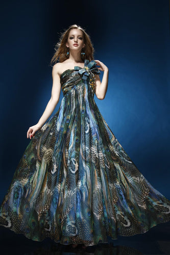 PEACOCK ONE SHOULDER GOWN DRESS