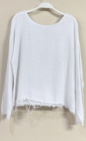 BOAT NECK RAW HEM LINEN TOP