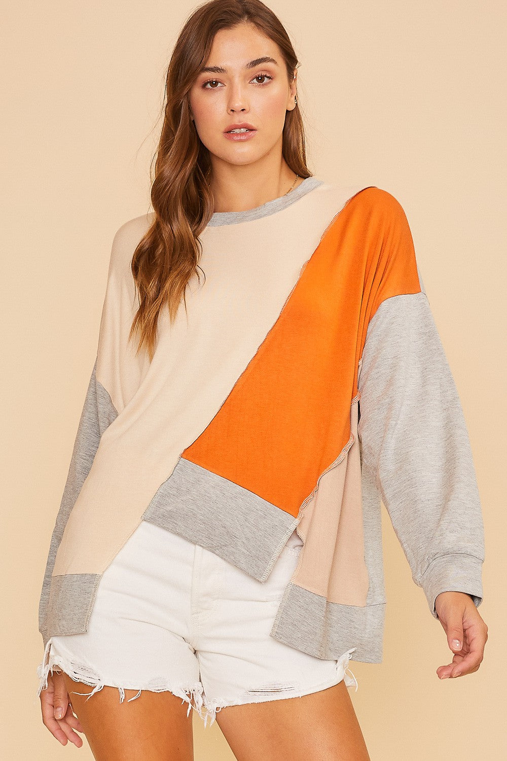 SUPER SOFT COLOR BLOCK OUTSTITCHING KNIT TOP