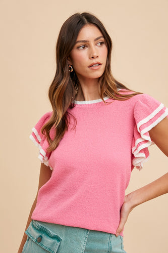 DOUBLE RUFFLE SLEEVE SWEATER TOP