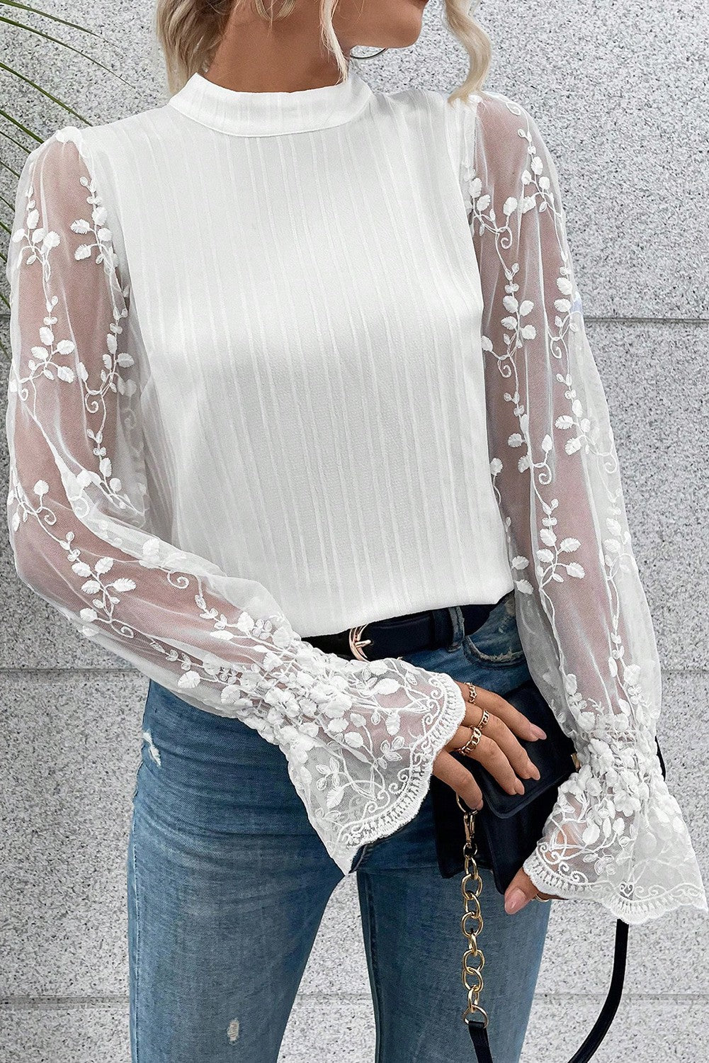 CONTRAST LACE SLEEVE MOCK BLOUSE