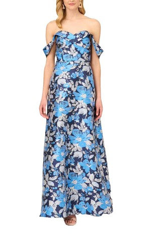 BLUE MULTI FLORAL JACQUARD MAXI DRESS