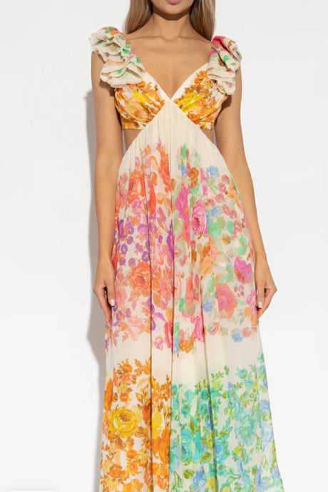 CASCADING FLORAL MAXI DRESS