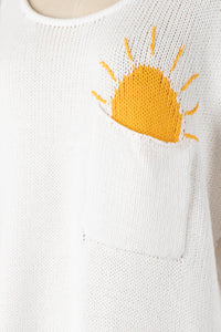 SUN POCKET ROUND NECK LONG SLEEVE KNIT SWEATER TOP