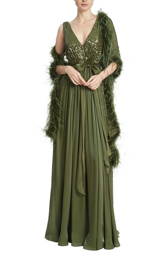 MISCHKA FEATHER & SEQUIN GOWN AND WRAP