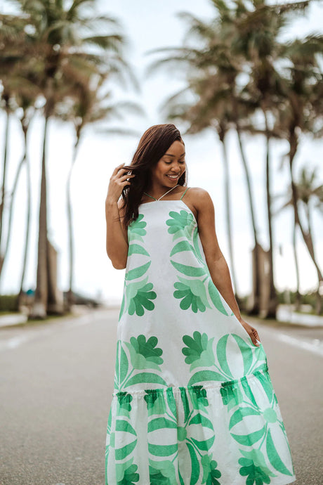 MINT PALM FRONDS STRAPPY BACK DRESS