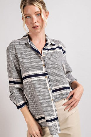 SQUARES BUTTON FRONT STRIPE SHIRT