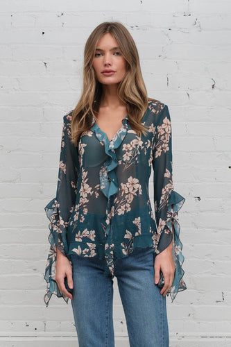 GARDEN CHIFFON PRINT FRILL BLOUSE