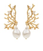 Gold Coral Branch and Pearl Dangle Earrings