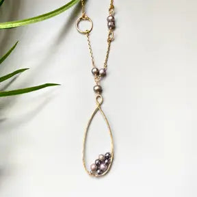LONG GOLD PEARL AND TEARDROP NECKLACE