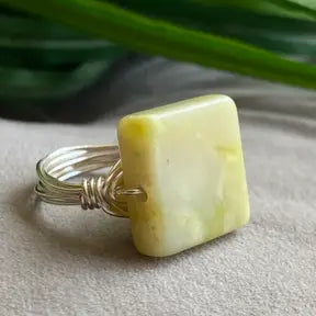 SQUARE OLIVE JADE SILVER RING