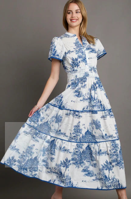 Toile Print Tiered Maxi Dress