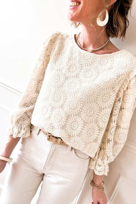 OATMEAL JACQUARD RUFFLE BLOUSE TOP