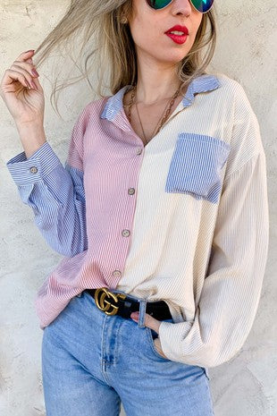 STRIPE PRINTED COLOR BLOCK BUTTON DOWN LONG SLEEVE SHIRT