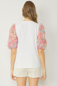 RIBBED ROUND NECK TOP WITH 3D FLORAL SLEEVES