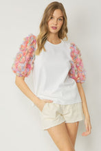 RIBBED ROUND NECK TOP WITH 3D FLORAL SLEEVES