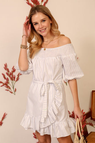 3/4 CONTEMPORARY OFF THE SHOULDER STRIPED DRESS