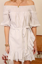 3/4 CONTEMPORARY OFF THE SHOULDER STRIPED DRESS