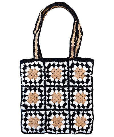 WOVEN HANDBAG WITH CHECKERS AND FLOWERS